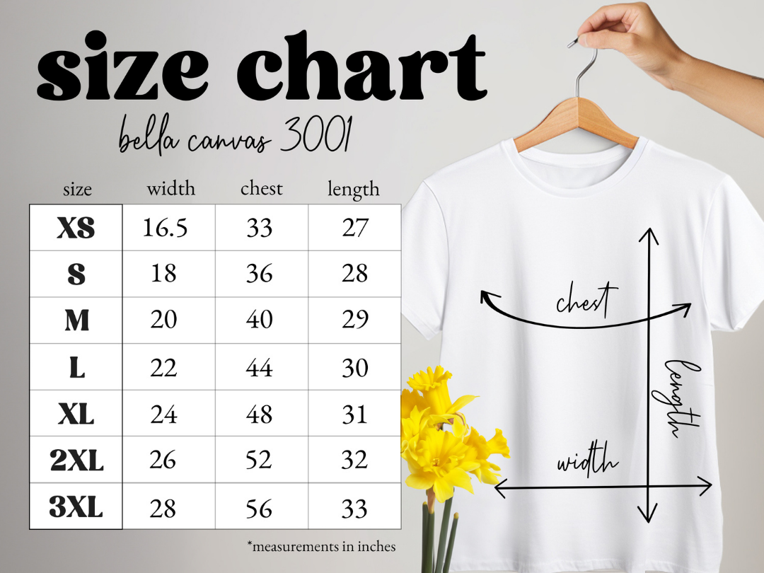 Size chart for Bella Canvas 3001 t-shirt with a white t-shirt and yellow flowers on a gray background.