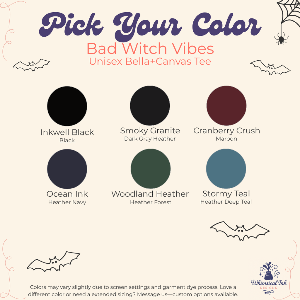 A color selection graphic for a Halloween-themed unisex Bella+Canvas tee under the name Bad Witch Vibes. The graphic features six circular color swatches labeled Inkwell Black, Smoky Granite, Cranberry Crush, Ocean Ink, Woodland Heather, and Stormy Teal, with corresponding text labels on a cream-colored background decorated with spiderwebs and bats.