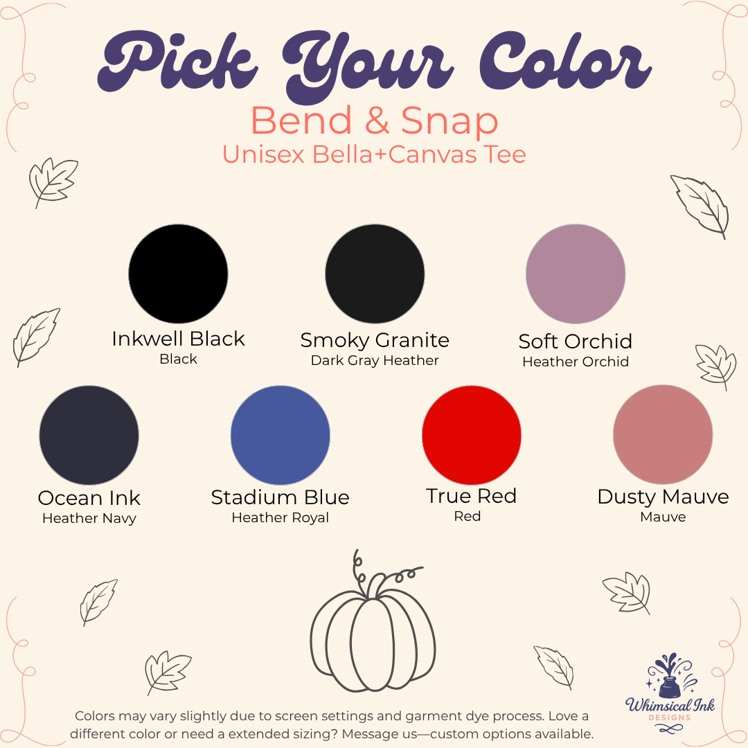 A color selection graphic for the Bend & Snap Unisex Bella+Canvas Tee by Whimsical Ink. The graphic features a beige background with decorative leaf illustrations and a pumpkin drawing, displaying eight color options in circular swatches with labels: Inkwell Black, Smoky Granite, Soft Orchid, Ocean Ink, Stadium Blue, True Red, Dusty Mauve, and a dark gray Heather option.