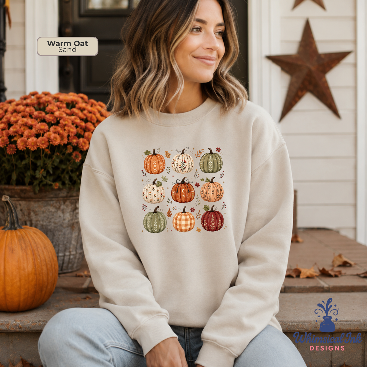 Boho Folk Art Pumpkin Crewneck Sweatshirt | Cozy Fall Cottagecore Sweatshirt