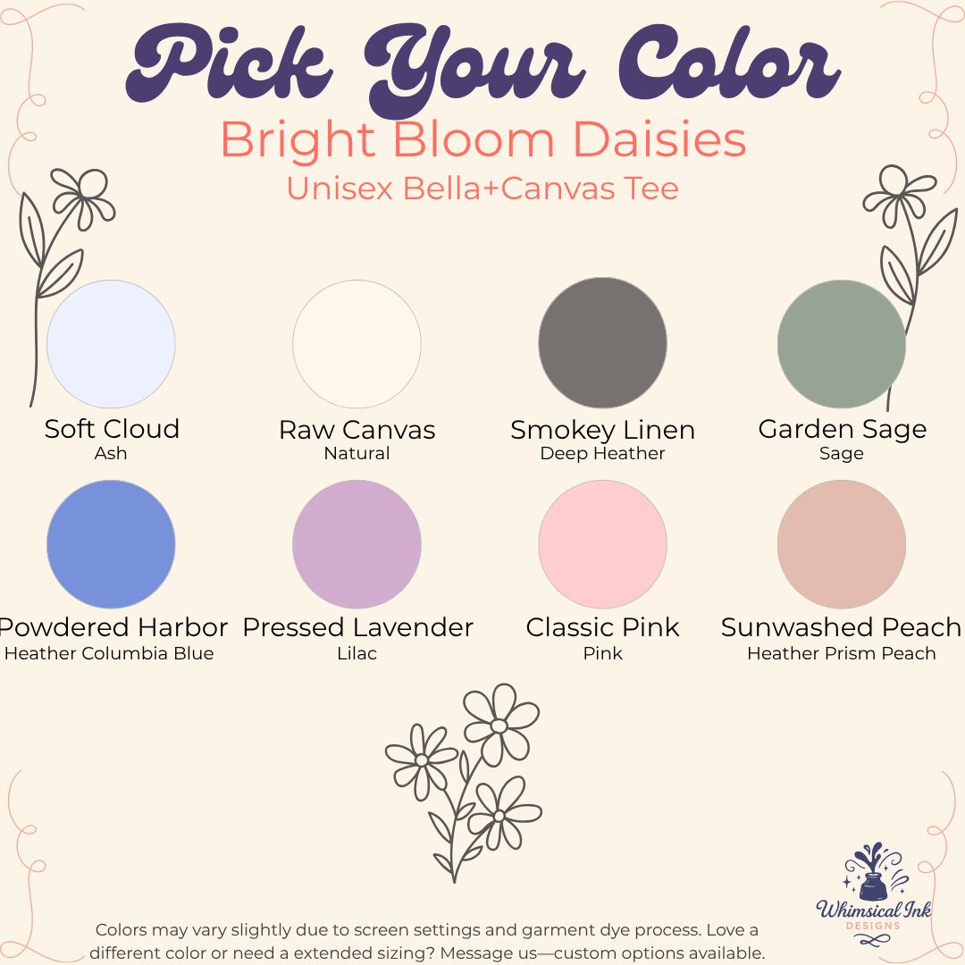Color swatches for a 'Pick Your Color' shirt with flower illustrations and brand name.