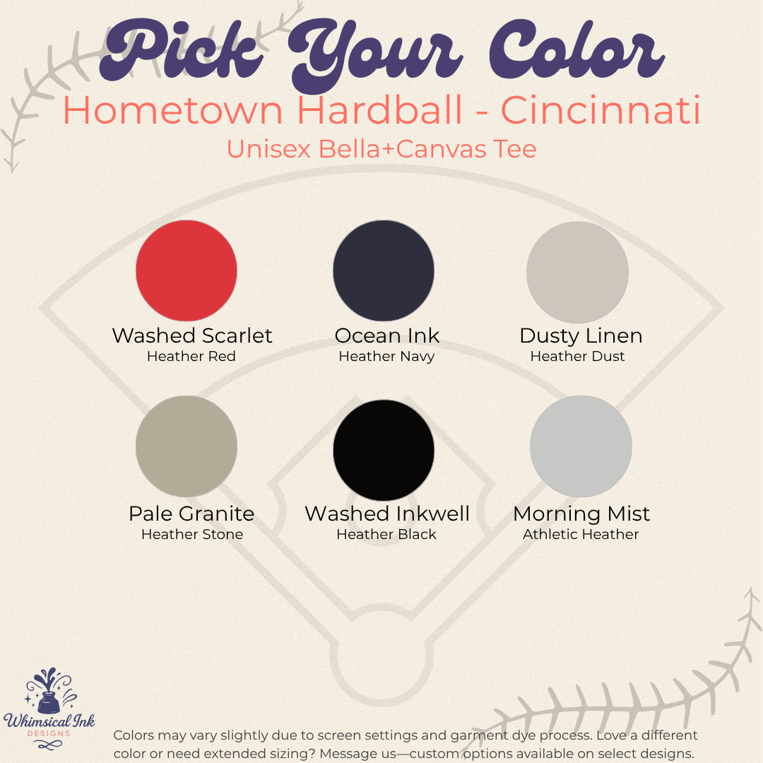 Color swatch chart for Hometown Hardball Bella+Canvas Tee with color options and descriptions.