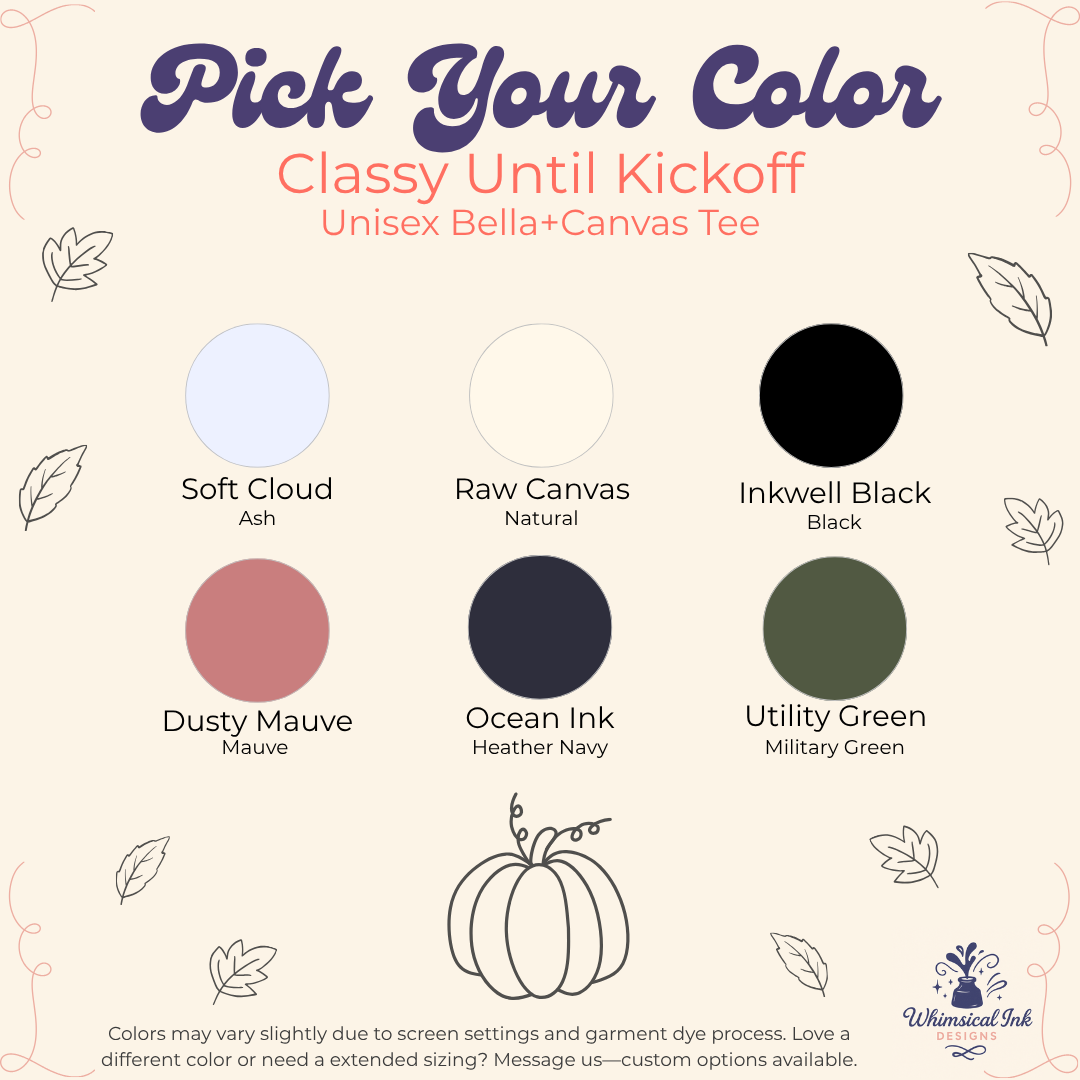 A color selection graphic for a custom unisex Bella+Canvas tee. The graphic features six circular color swatches labeled Soft Cloud Ash, Raw Canvas Natural, Inkwell Black, Dusty Mauve, Ocean Ink Heather Navy, and Utility Green Military Green, with corresponding text labels on a cream background with decorative line art.