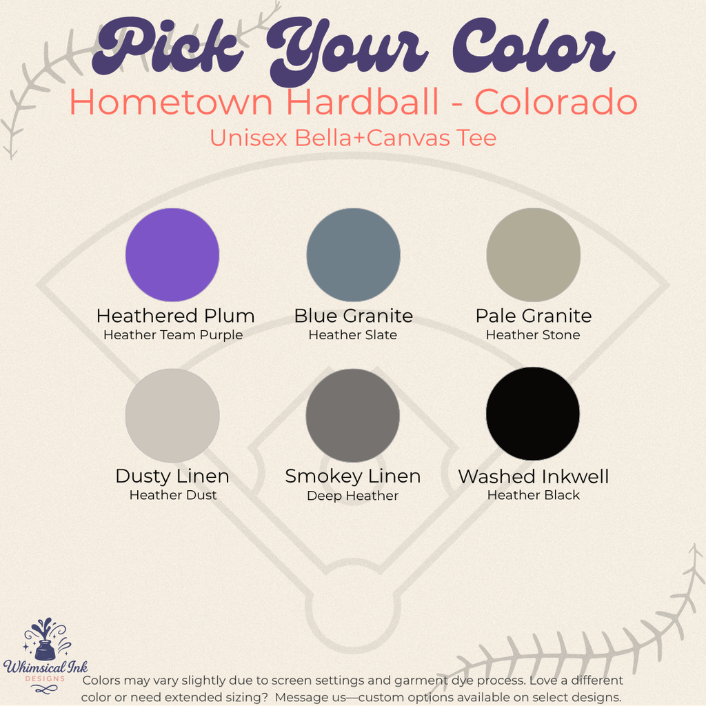 Color swatch chart for 'Hometown Hardball - Colorado' Bella+Canvas tee with various color options.