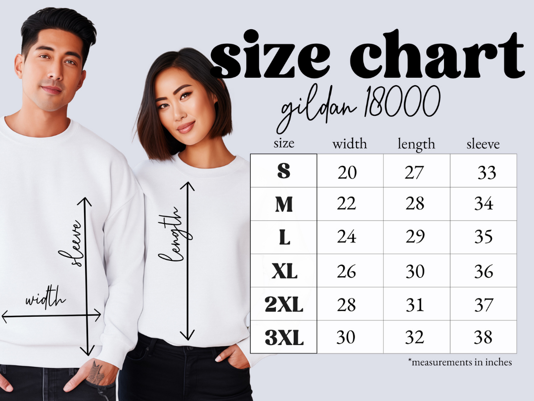 Two people wearing white sweatshirts with a size chart overlay on a light gray background