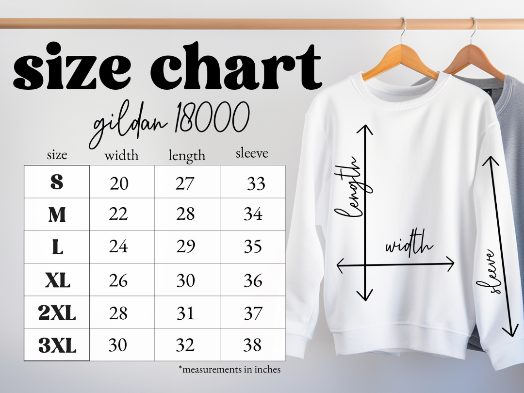 Size chart for Gildan 18000 sweatshirt with measurements and a white sweatshirt on hangers.