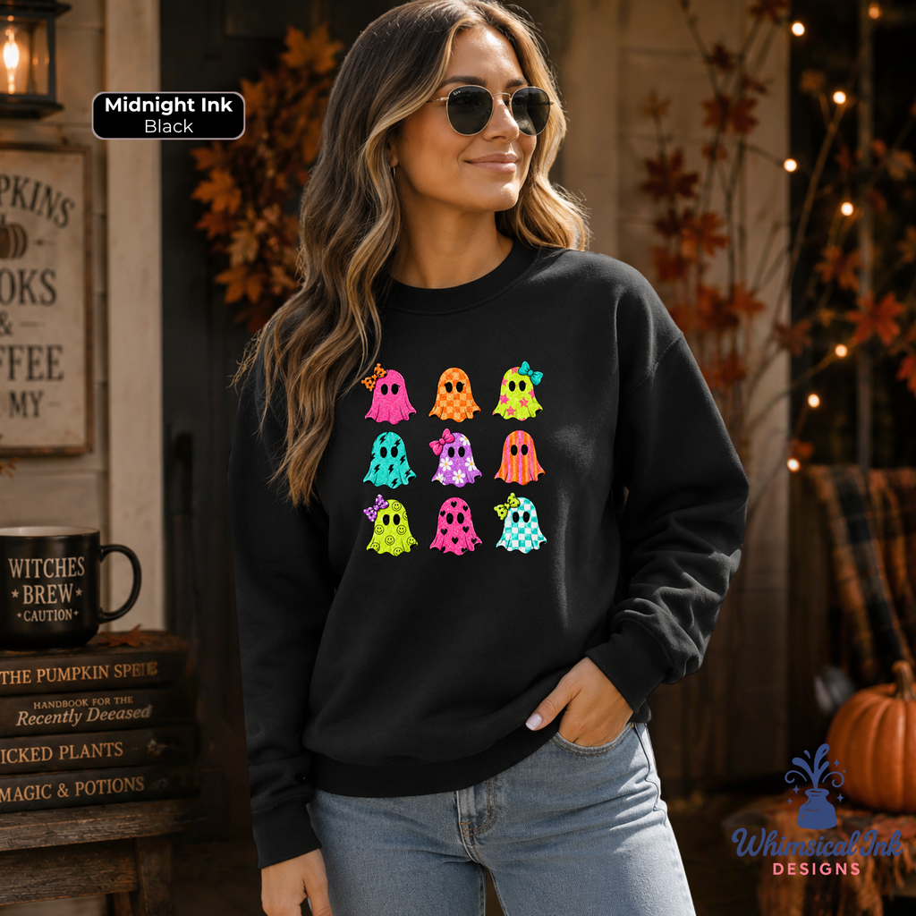 Cute Halloween Ghost Sweatshirt | Colorful Faux Glitter Ghosts Crewneck Sweatshirt