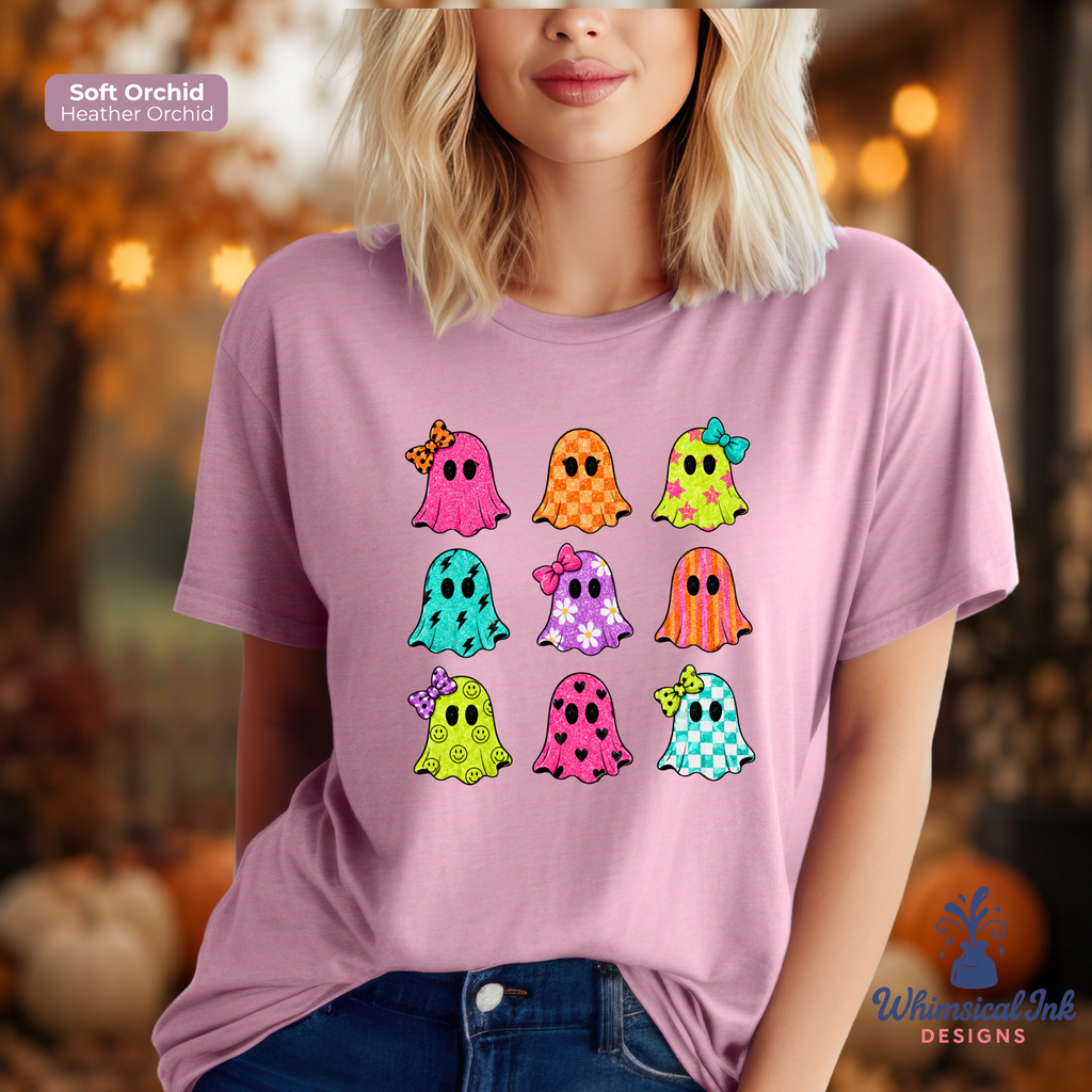 Cute Halloween Ghost Shirt | Colorful Faux Glitter Ghosts Tee