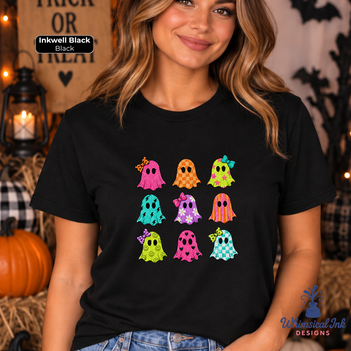 Cute Halloween Ghost Shirt | Colorful Faux Glitter Ghosts Tee