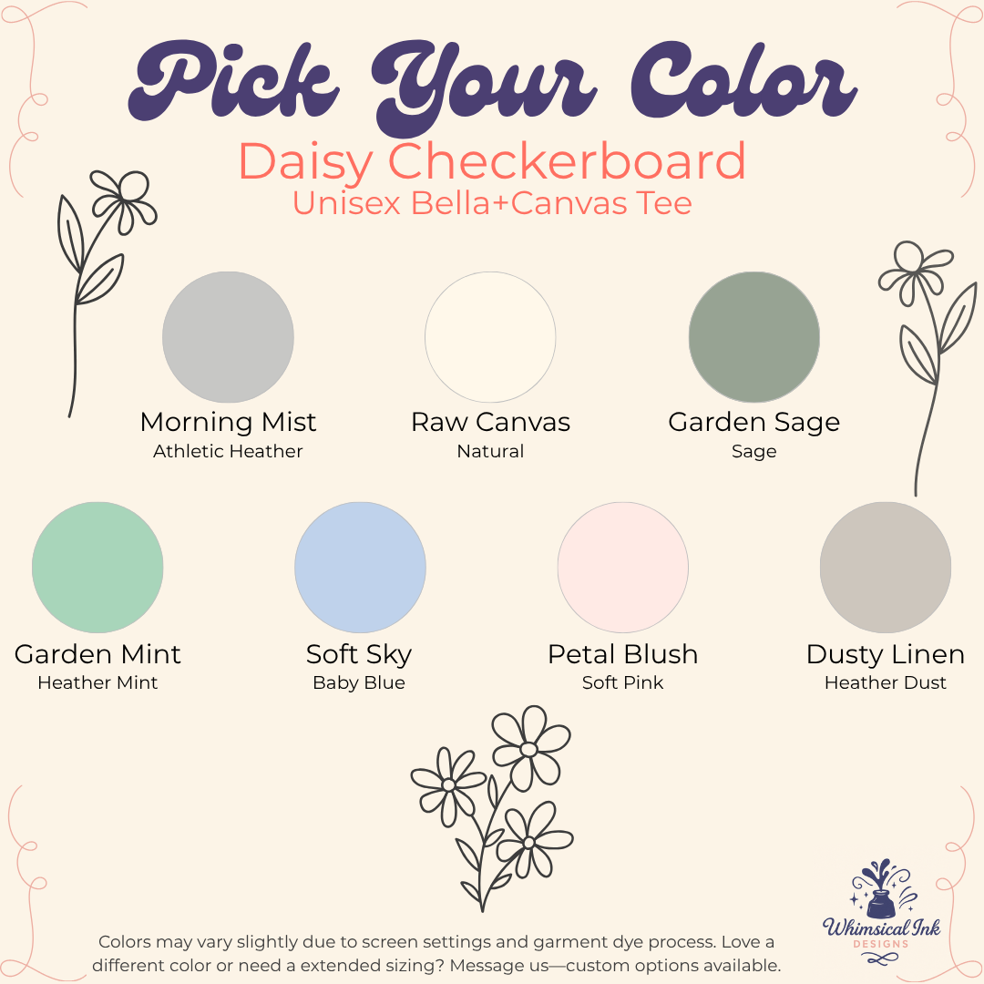 Color swatches for a Daisy Checkerboard Bella+Canvas Tee with brand logo.