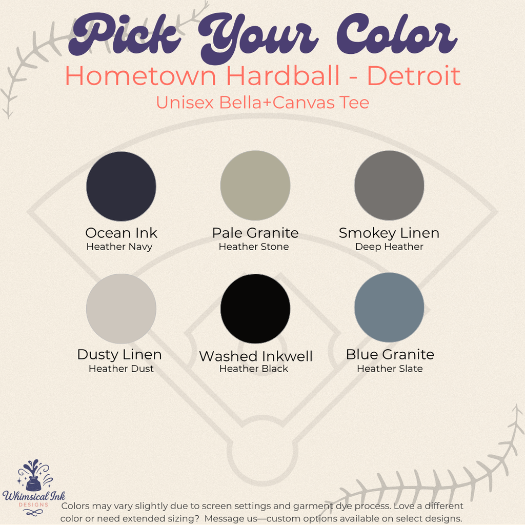 Color swatch chart for 'Hometown Hardball - Detroit' Bella+Canvas tee with color options and descriptions.