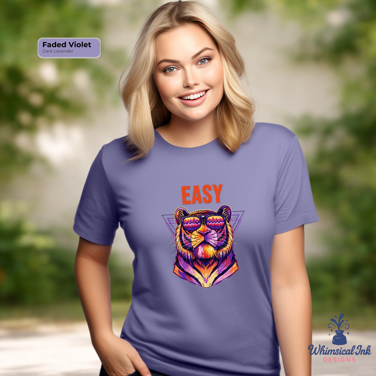 Woman wearing a purple t-shirt with a colorful tiger graphic and 'EASY' text, outdoors.
