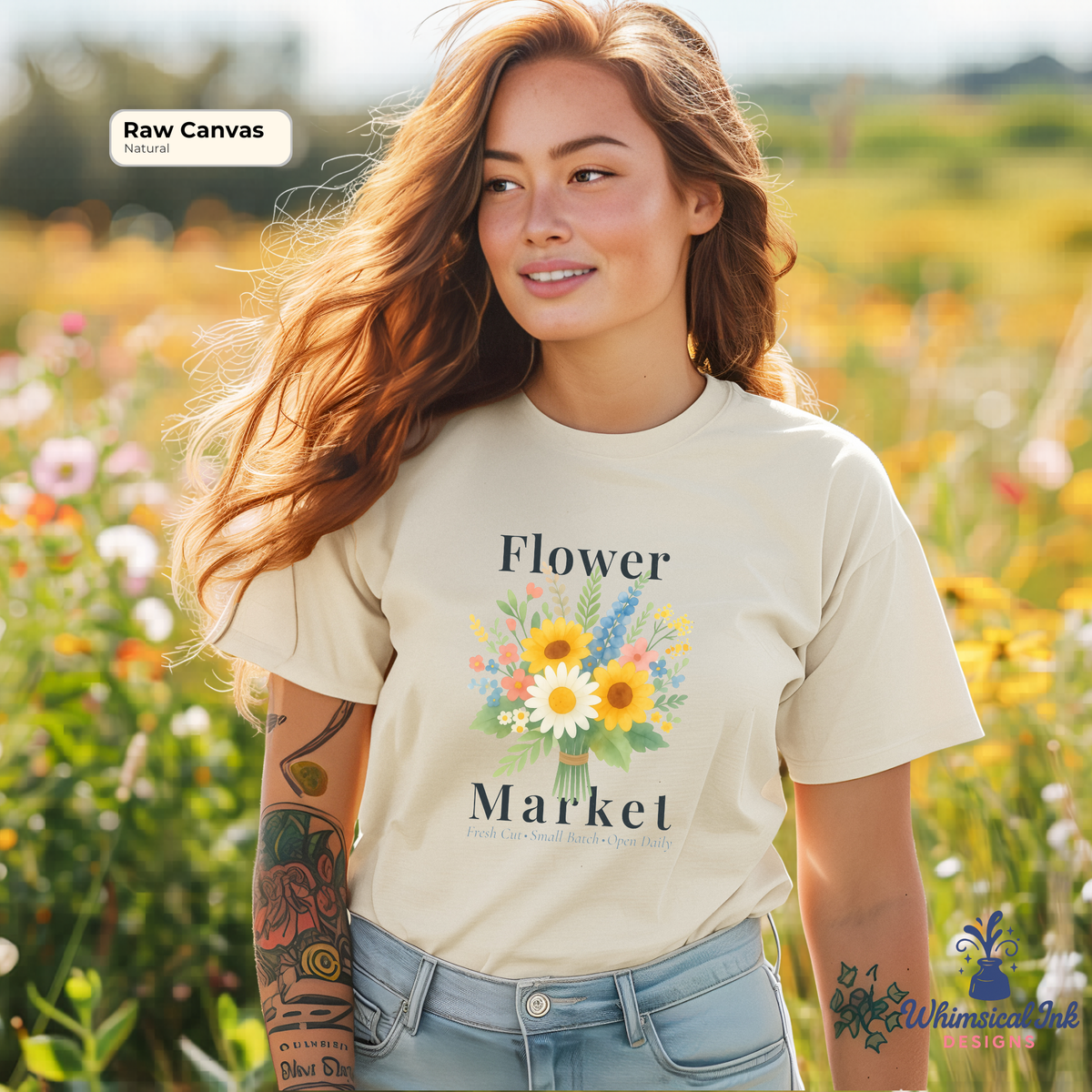 Woman wearing a 'Flower Market' t-shirt in a field of flowers