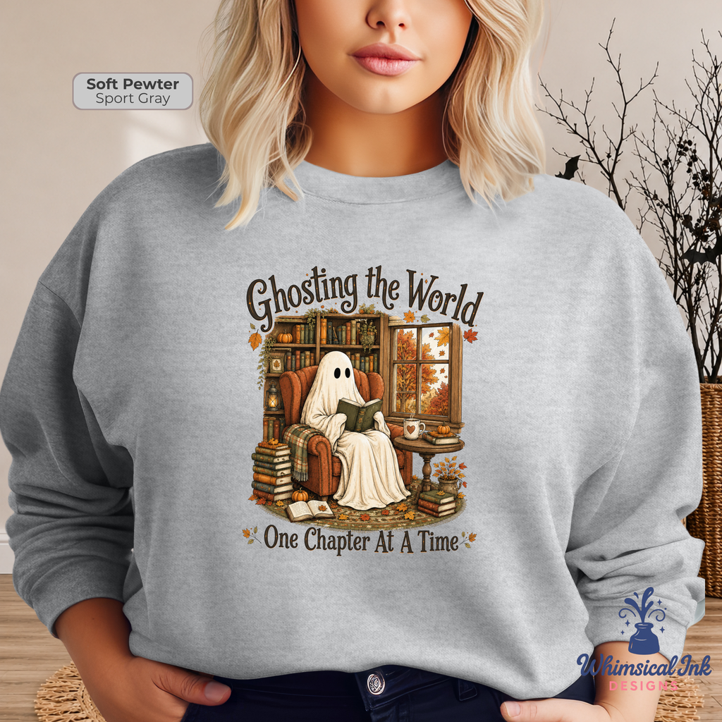 Ghosting the World Book Lover Sweatshirt | Cozy Fall Ghost Reading Sweatshirt | Autumn Bookworm Graphic Sweatshirt | Halloween Reading Sweatshirt