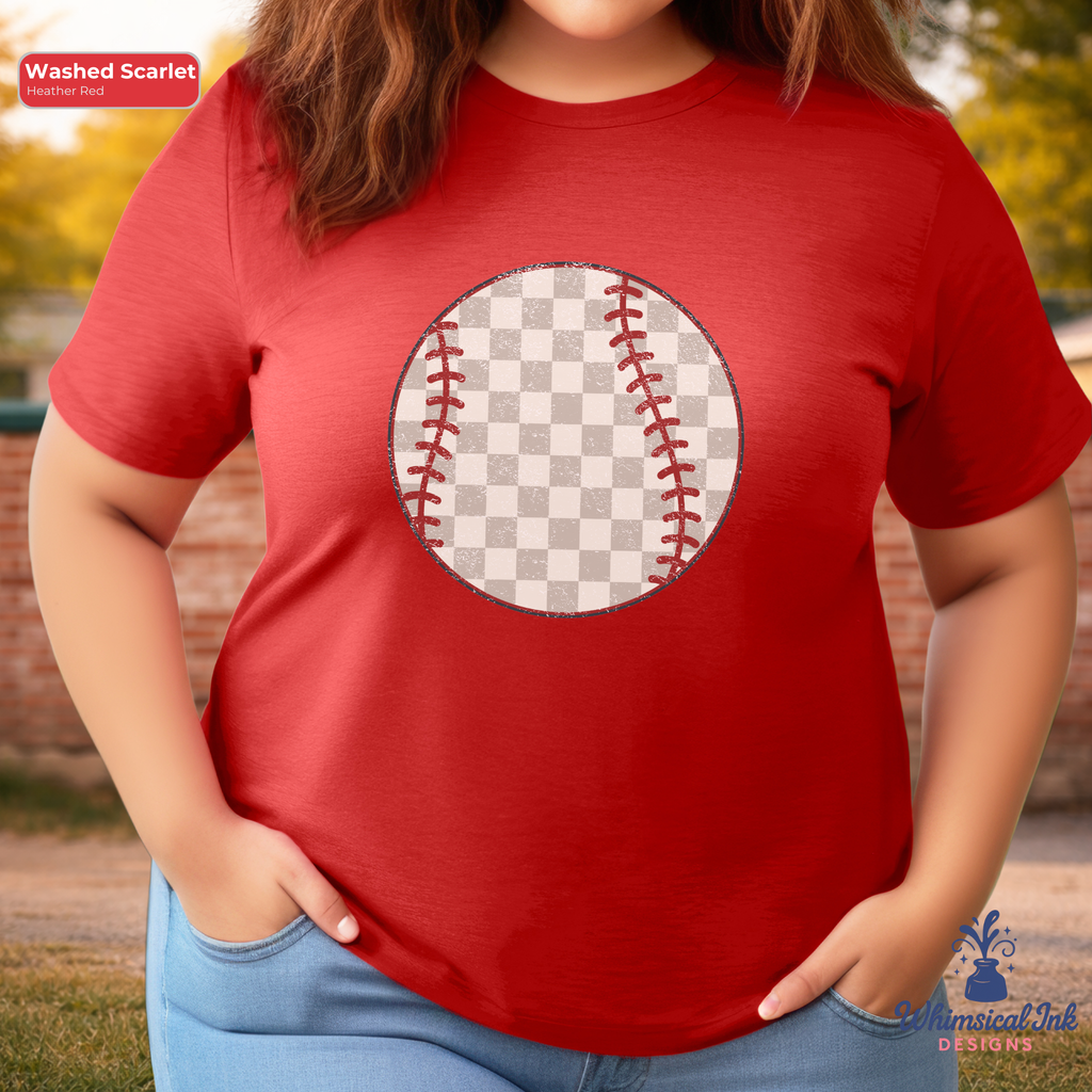 Red t-shirt with a baseball graphic on a person outdoors