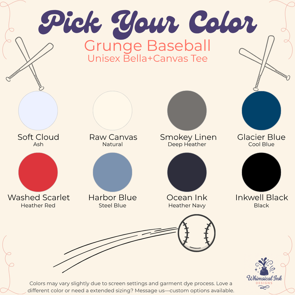 Color swatches for a Grunge Baseball Bella+Canvas tee with text and brand logo.