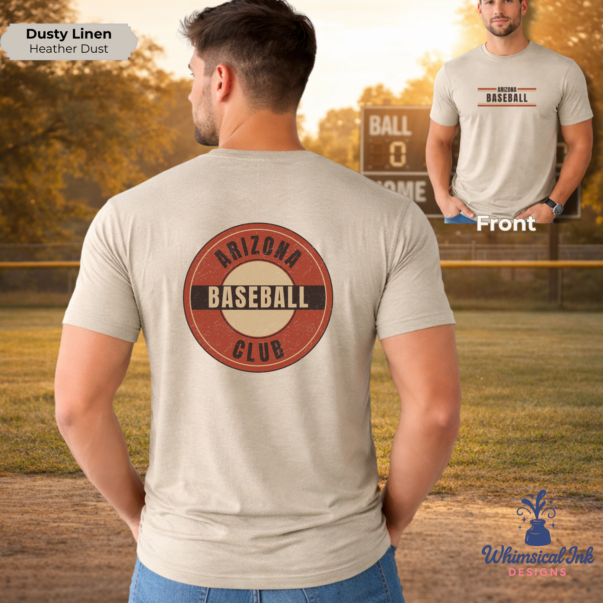 Man wearing a t-shirt with 'Arizona Baseball Club' design on a baseball field.