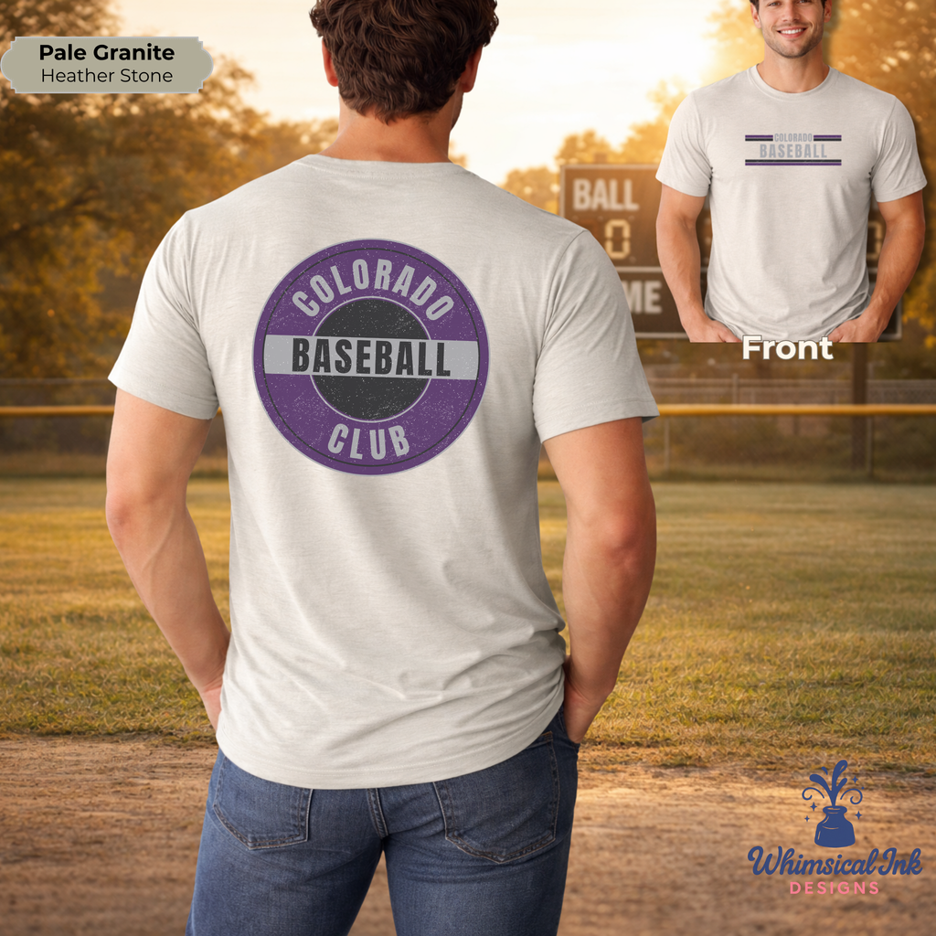 Person wearing a t-shirt with 'Colorado Baseball Club' design on a baseball field.