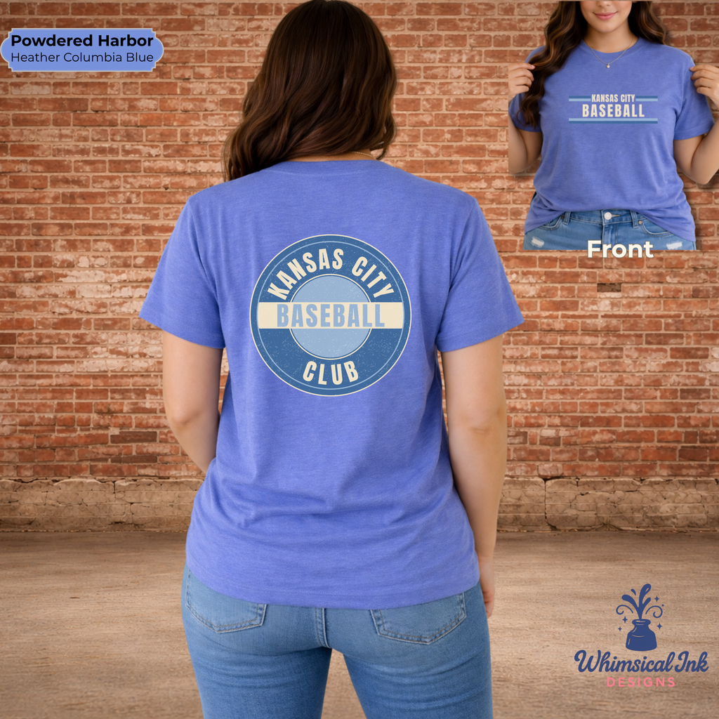 Person wearing a blue 'Kansas City Baseball Club' t-shirt with a brick wall background
