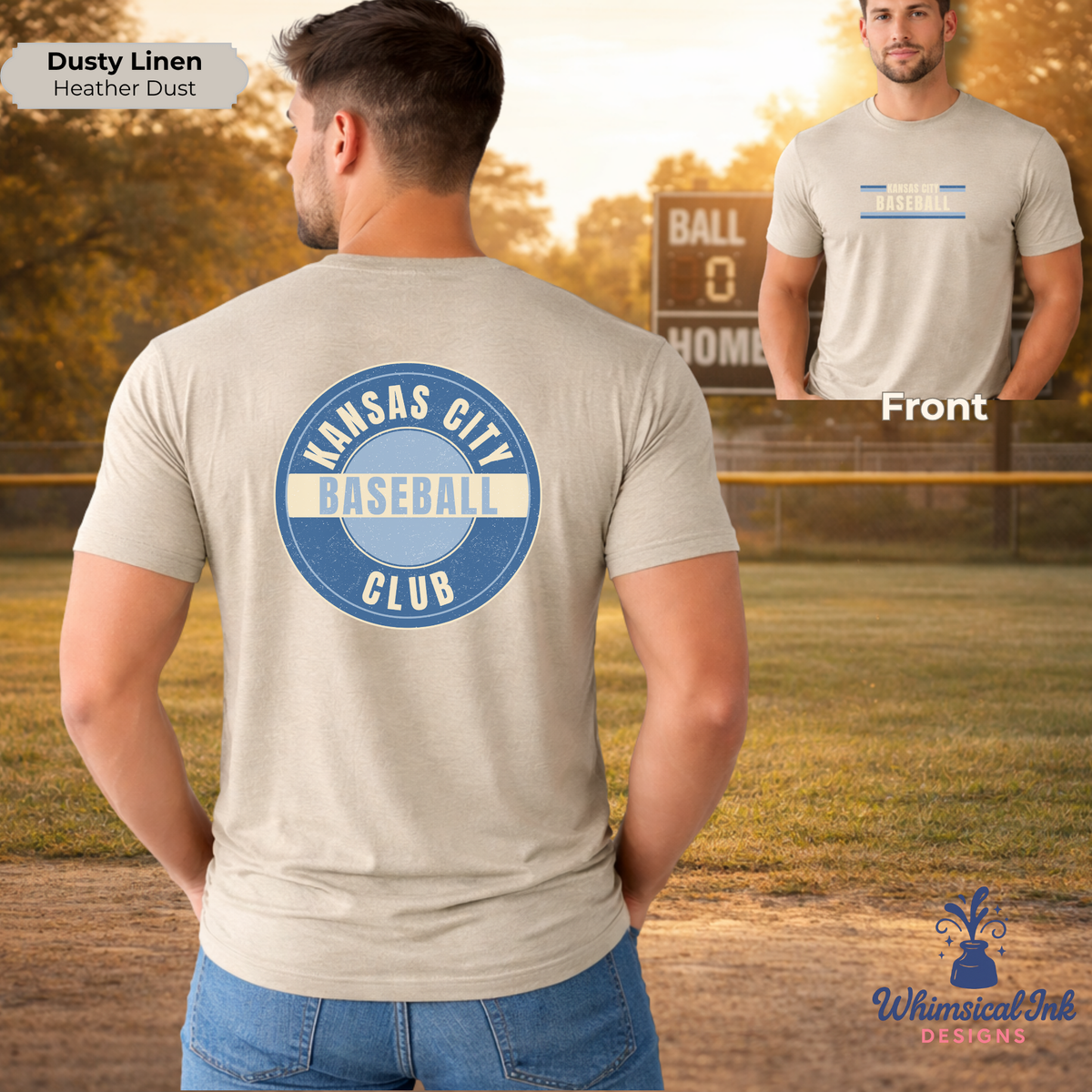 Man wearing a 'Kansas City Baseball Club' t-shirt with a blue logo on a baseball field.