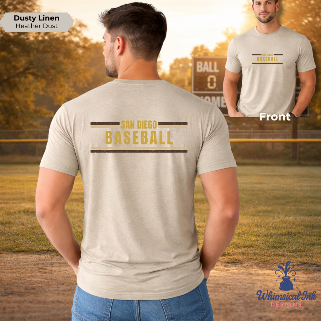Man wearing a 'San Diego Baseball' t-shirt with a baseball field background