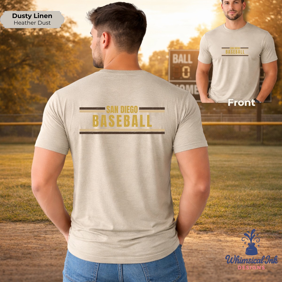 Man wearing a 'San Diego Baseball' t-shirt with a baseball field background