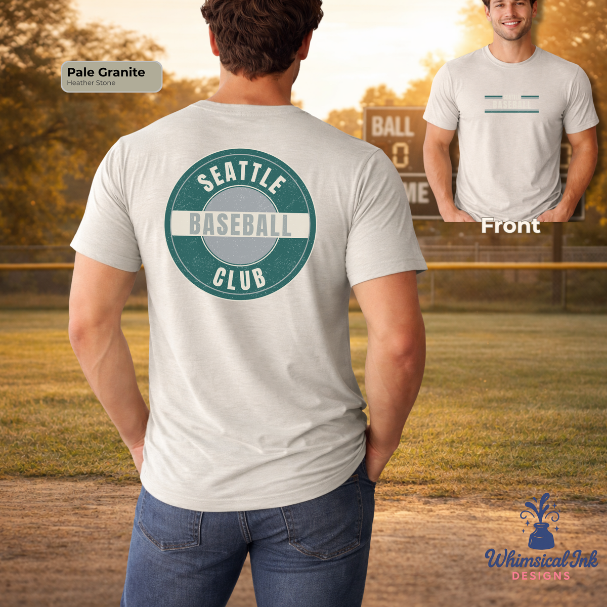 Person wearing a t-shirt with 'Seattle Baseball Club' design on a baseball field.
