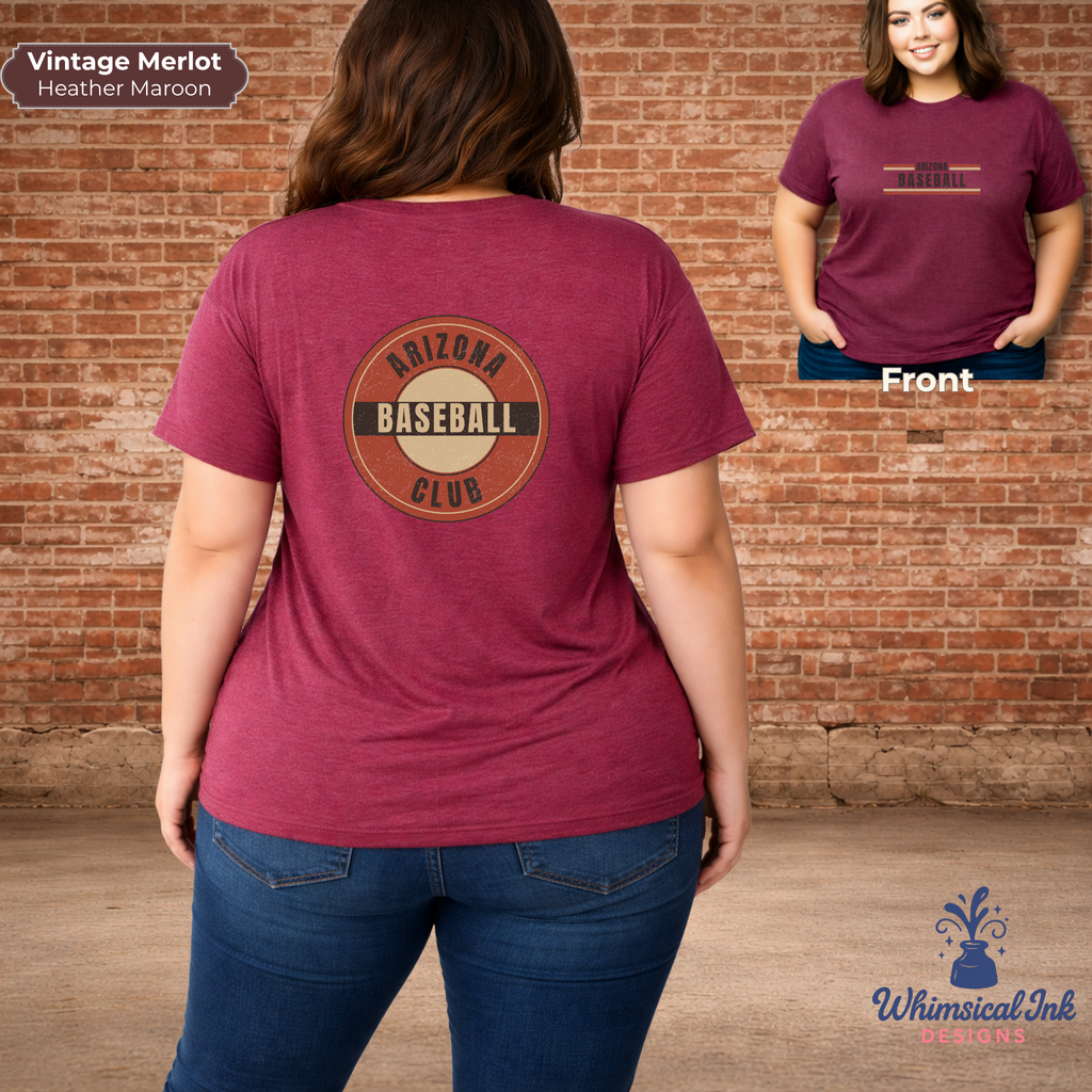 Person wearing a maroon t-shirt with 'Arizona Baseball Club' design, standing against a brick wall.