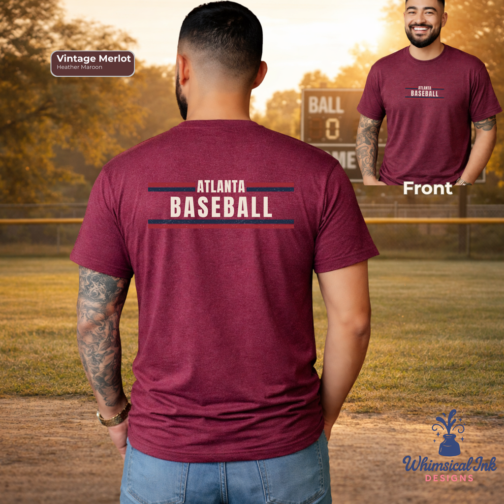 Man wearing a maroon t-shirt with 'Atlanta Baseball' text, standing on a baseball field.