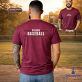 Man wearing a maroon t-shirt with 'Atlanta Baseball' text, standing on a baseball field.
