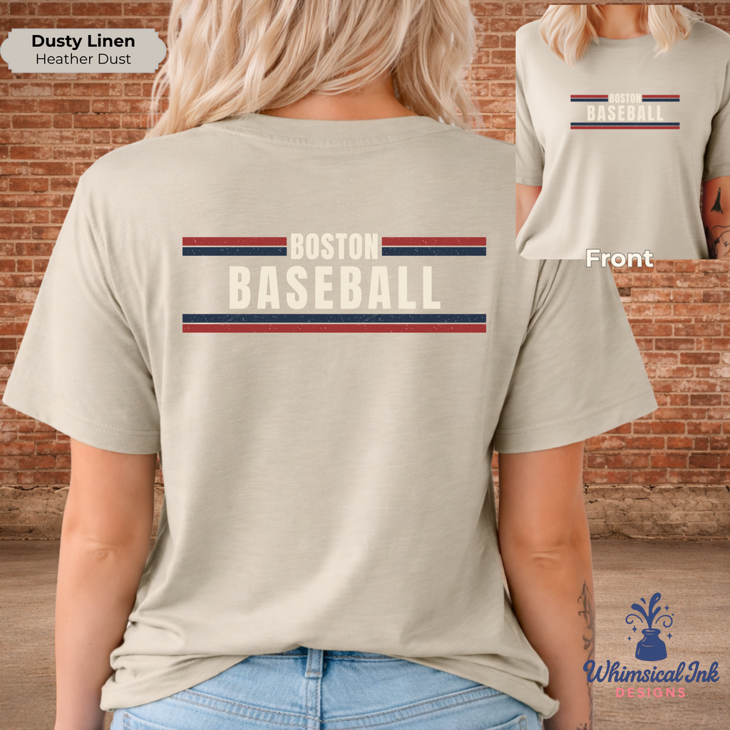 Person wearing a beige t-shirt with 'Boston Baseball' text and stripes, standing against a brick wall.