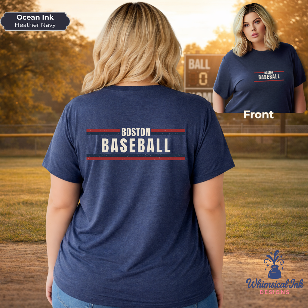 Navy blue t-shirt with 'Boston Baseball' text on a person standing on a baseball field.