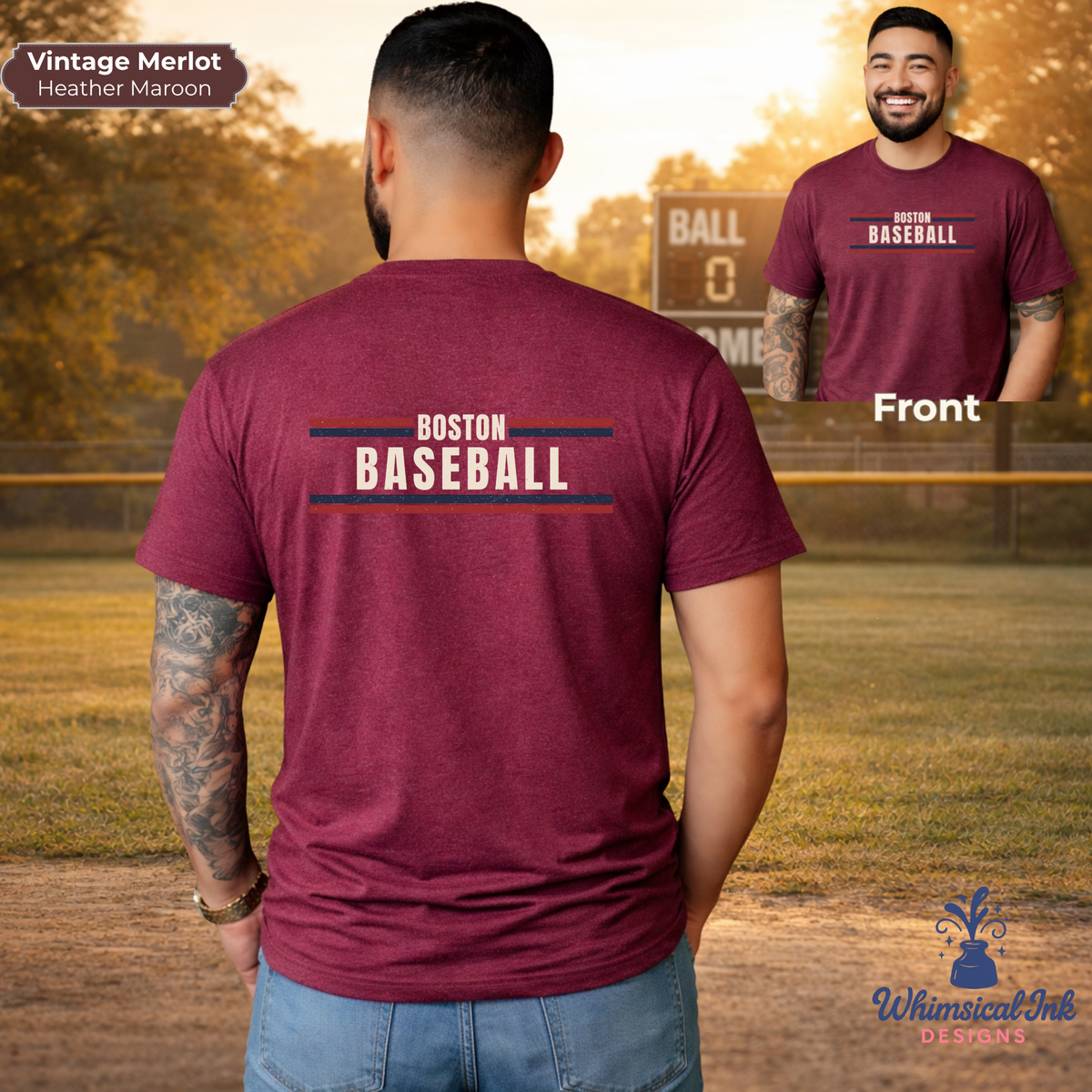 Man wearing a maroon 'Boston Baseball' t-shirt with a baseball field background