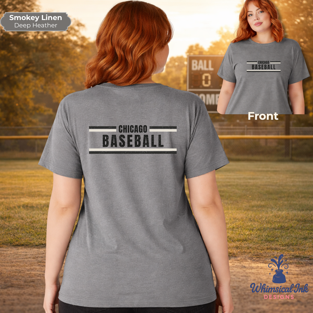 Person wearing a gray 'Chicago Baseball' t-shirt with a field background
