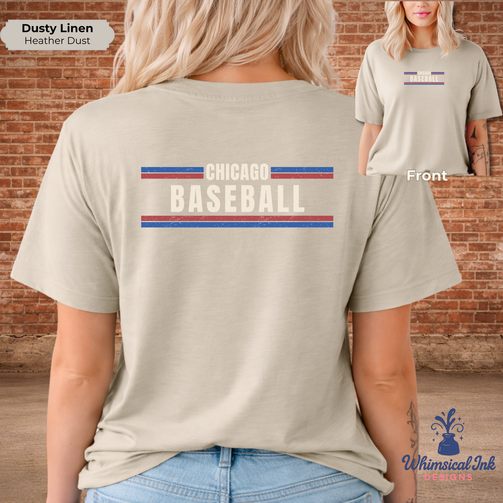 Person wearing a beige t-shirt with 'Chicago Baseball' text and stripes, standing in front of a brick wall.