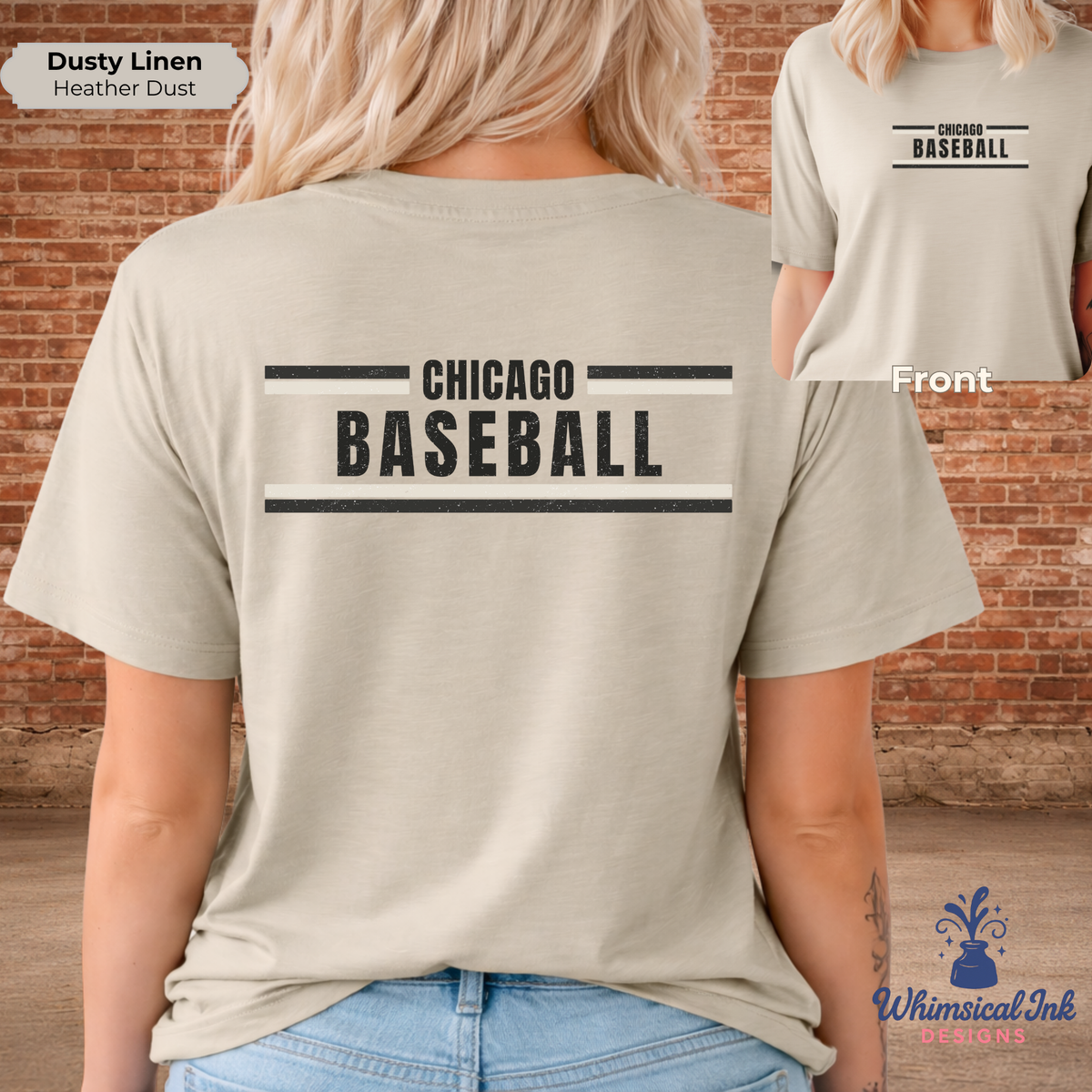 Beige t-shirt with 'Chicago Baseball' text on the back, worn by a person, with a brick wall background.