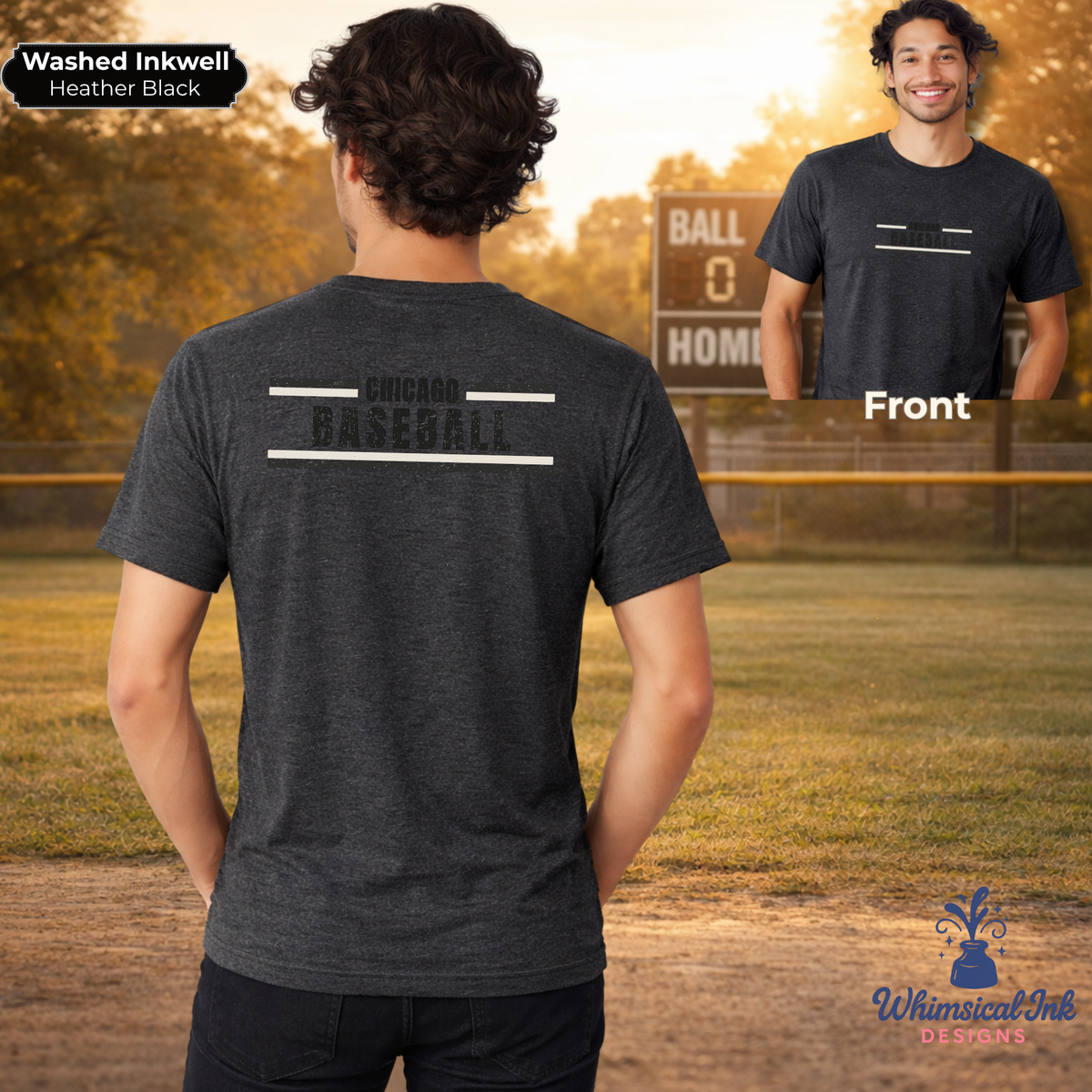 Person wearing a black t-shirt with 'Chicago Baseball' text on a baseball field background