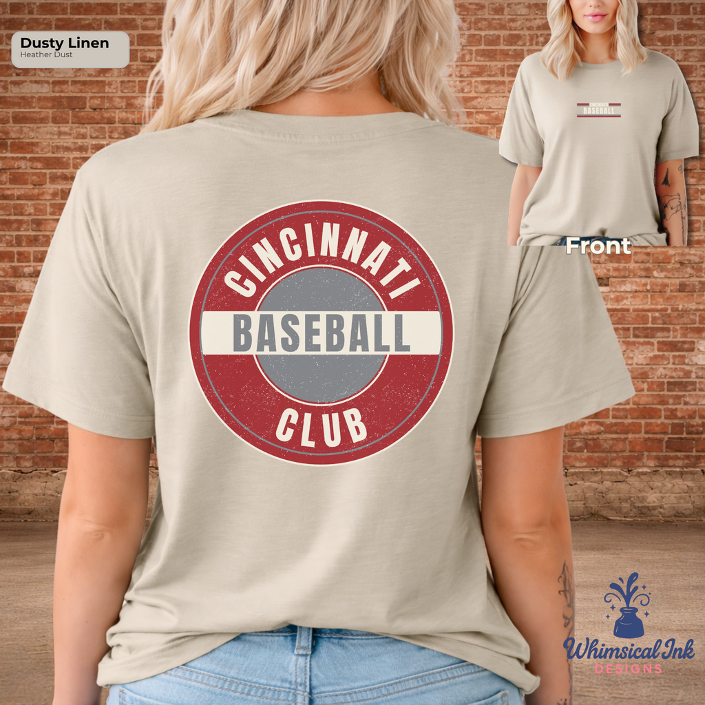 T-shirt with 'Cincinnati Baseball Club' design on a person wearing it, brick wall background
