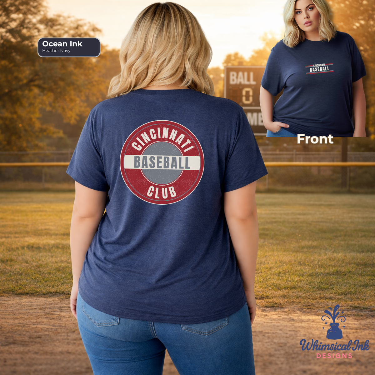 Person wearing a navy blue t-shirt with 'Cincinnati Baseball Club' design on a baseball field.