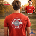 Red t-shirt with 'Cincinnati Baseball Club' design on a person standing on a baseball field.