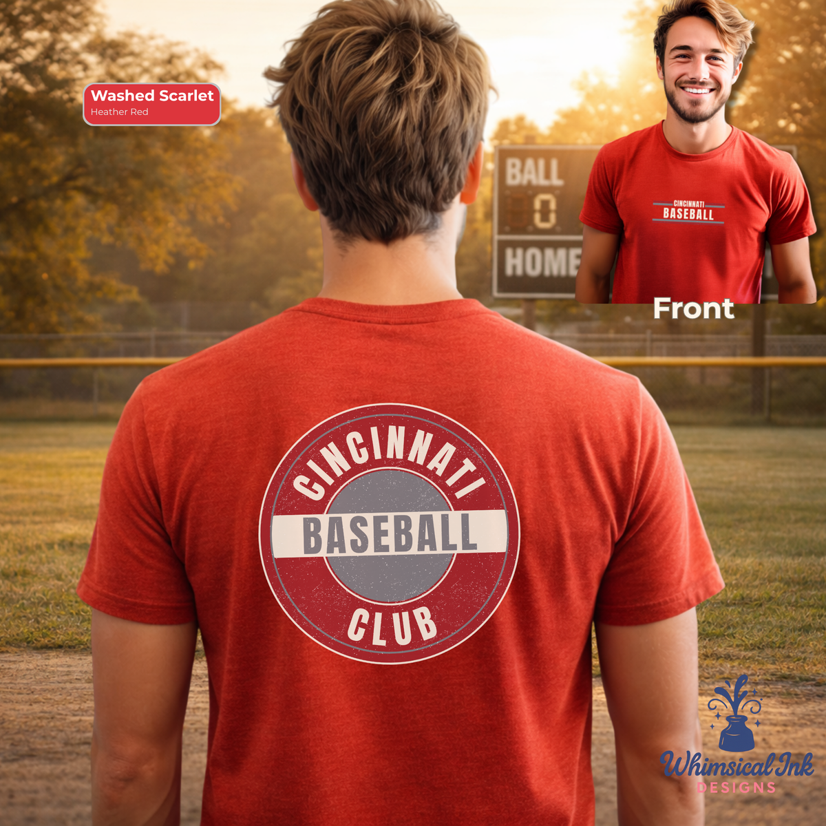 Red t-shirt with 'Cincinnati Baseball Club' design on a person standing on a baseball field.