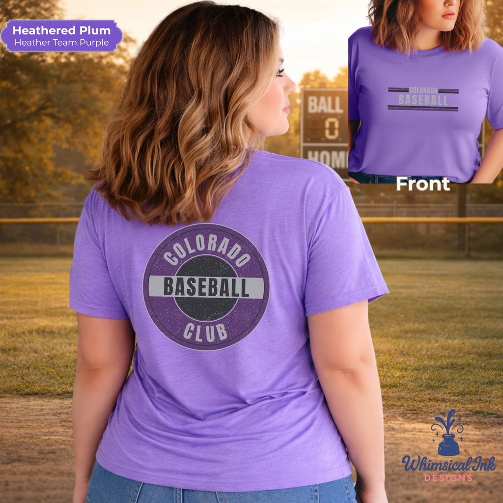 Person wearing a purple t-shirt with 'Colorado Baseball Club' text, standing on a baseball field.