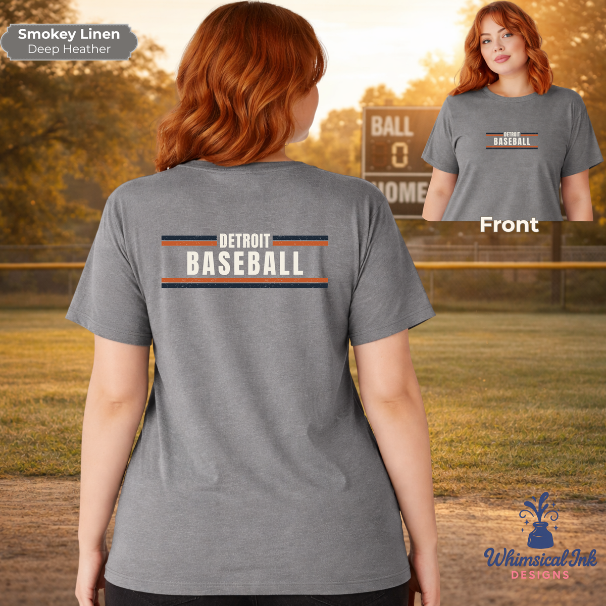 Person wearing a gray 'Detroit Baseball' t-shirt with front and back views displayed.