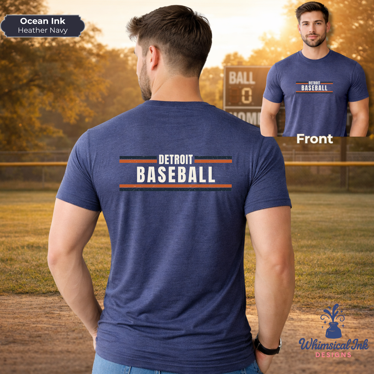 Man wearing a blue t-shirt with 'Detroit Baseball' text, shown from front and back, on a baseball field background.