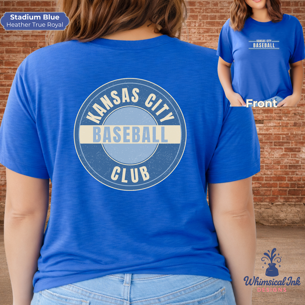 Blue t-shirt with 'Kansas City Baseball Club' design on a person wearing it, with another person in the background wearing a similar shirt.