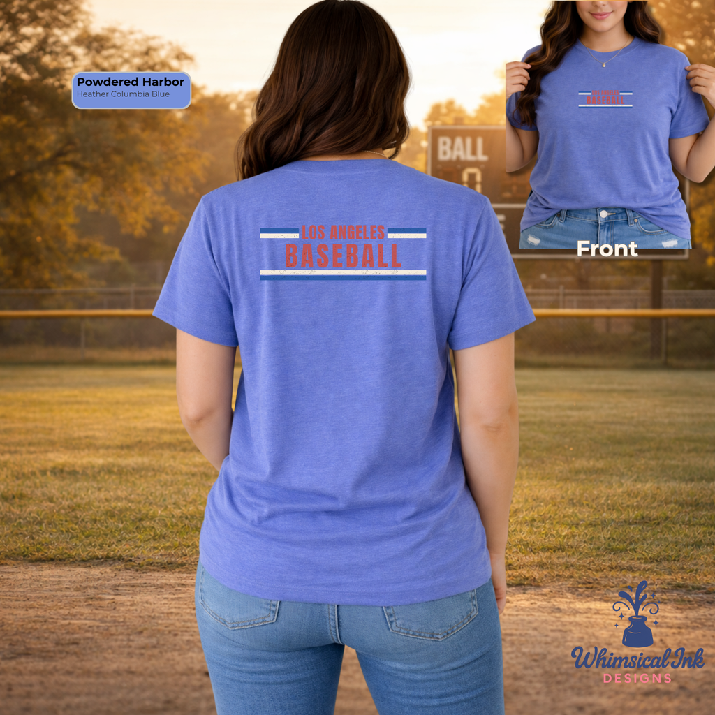 Blue t-shirt with 'Los Angeles Baseball' text on a baseball field background