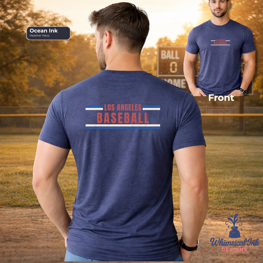 Man wearing a blue t-shirt with 'Los Angeles Baseball' text, shown from front and back, on a baseball field background.