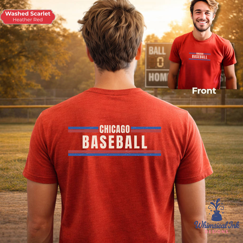 Red t-shirt with 'Chicago Baseball' text on a person standing on a baseball field.
