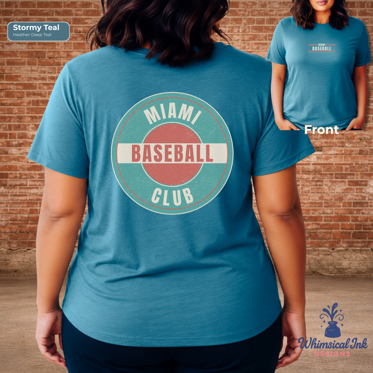 Blue t-shirt with 'Miami Baseball Club' design on a person against a brick wall.