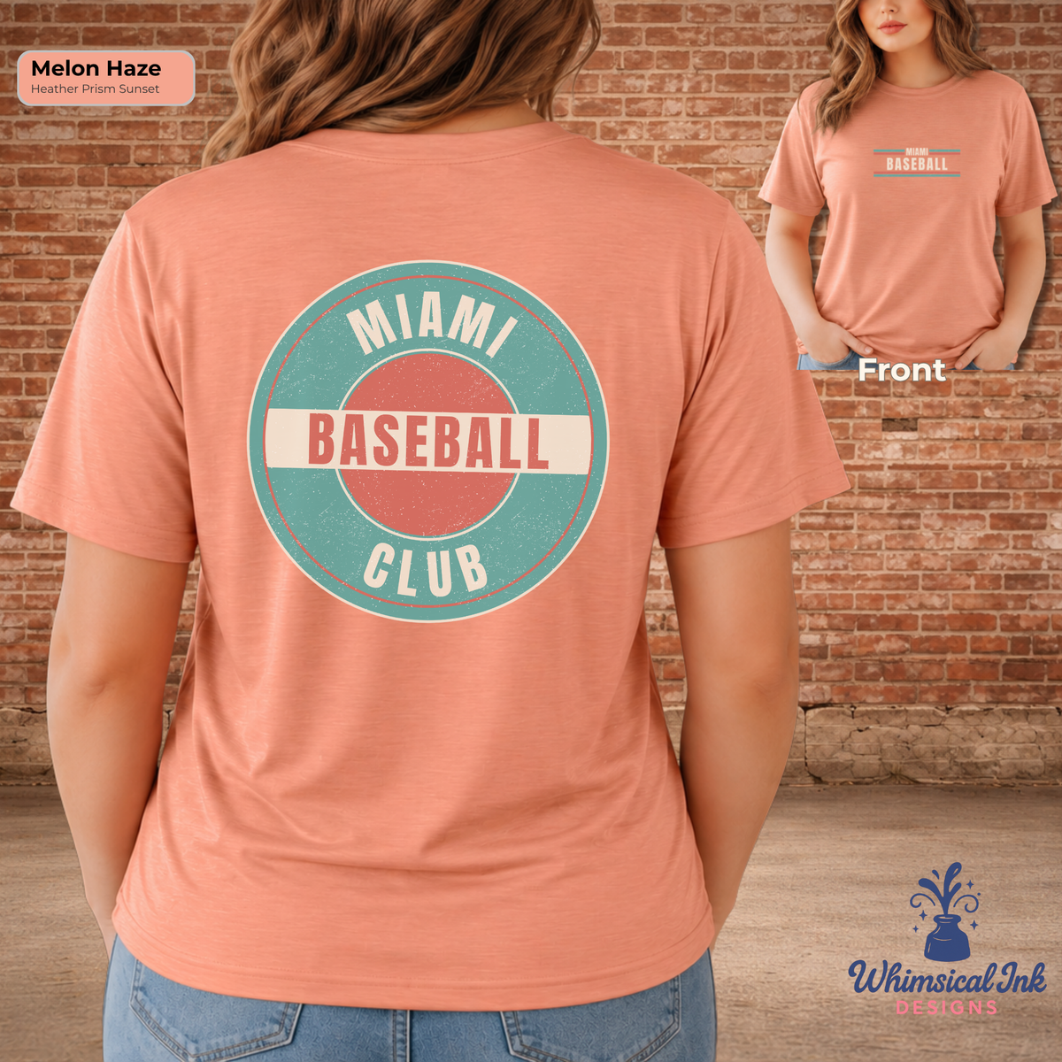 Person wearing a peach t-shirt with 'Miami Baseball Club' design, standing against a brick wall.